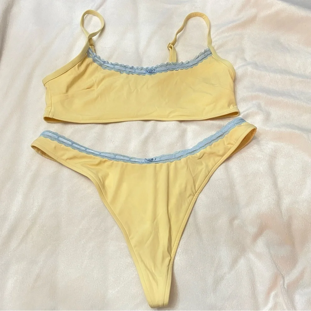 New! Frankie's Bikinis x PINK st Augustine thong Yellow Blue Bikini 3978